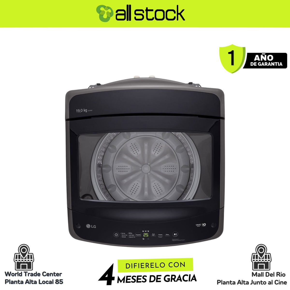 Lavadora LG WT19MVTM, vista superior y panel