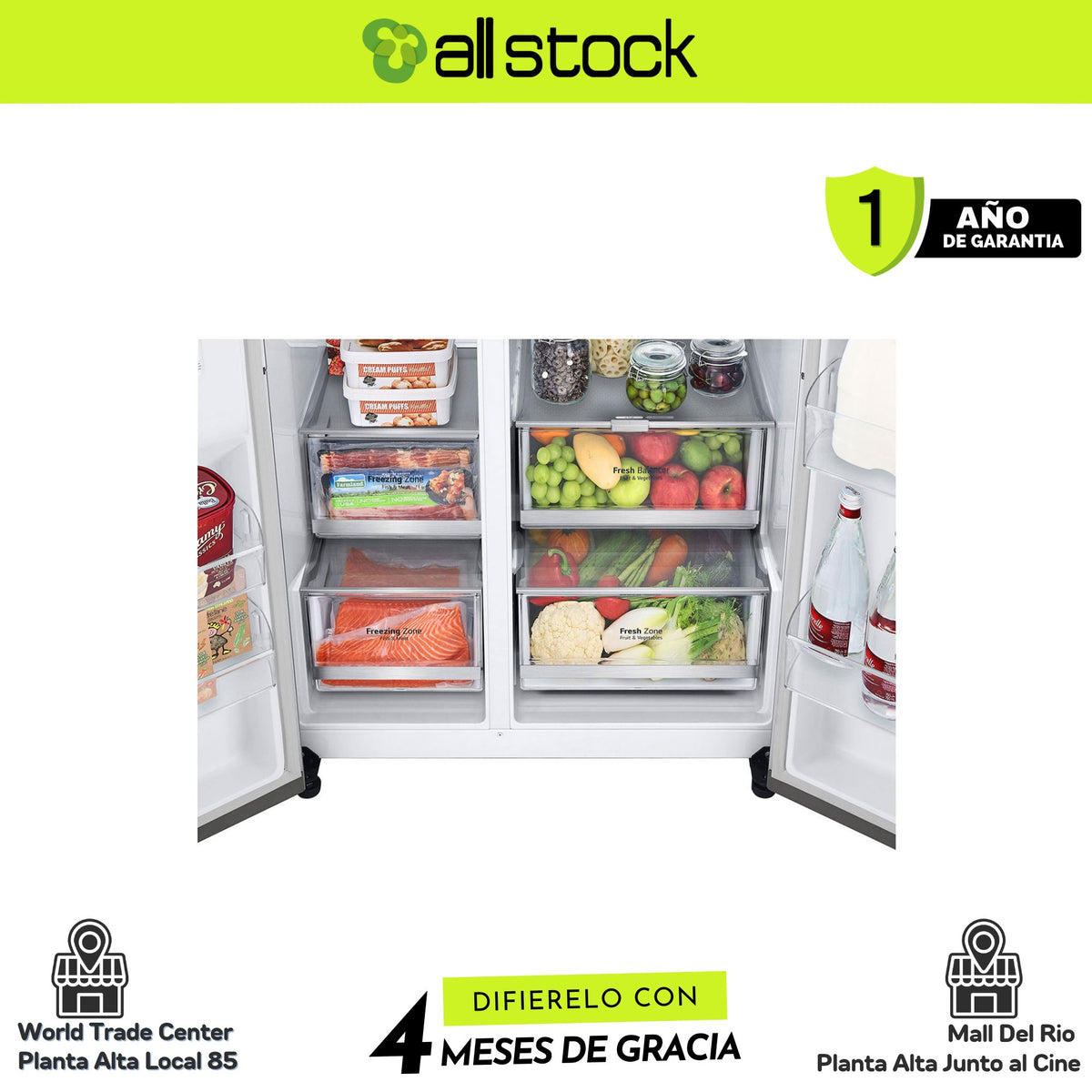 Refrigeradora LG VS25GMIW — detalle de cajones de frutas y congelados