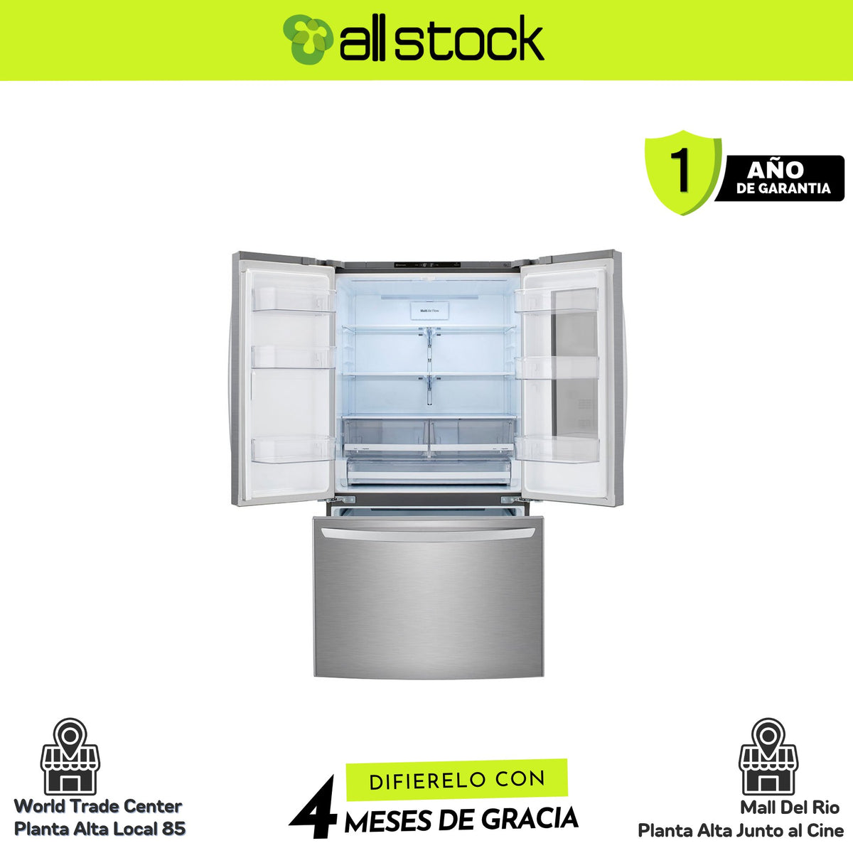 Refrigeradora LG VF29BVP — interior completo sin alimentos
