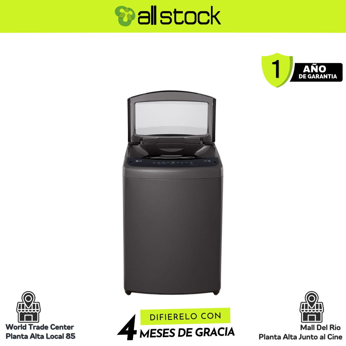 Lavadora LG WT19MVTM, vista frontal con tapa o puerta abierta