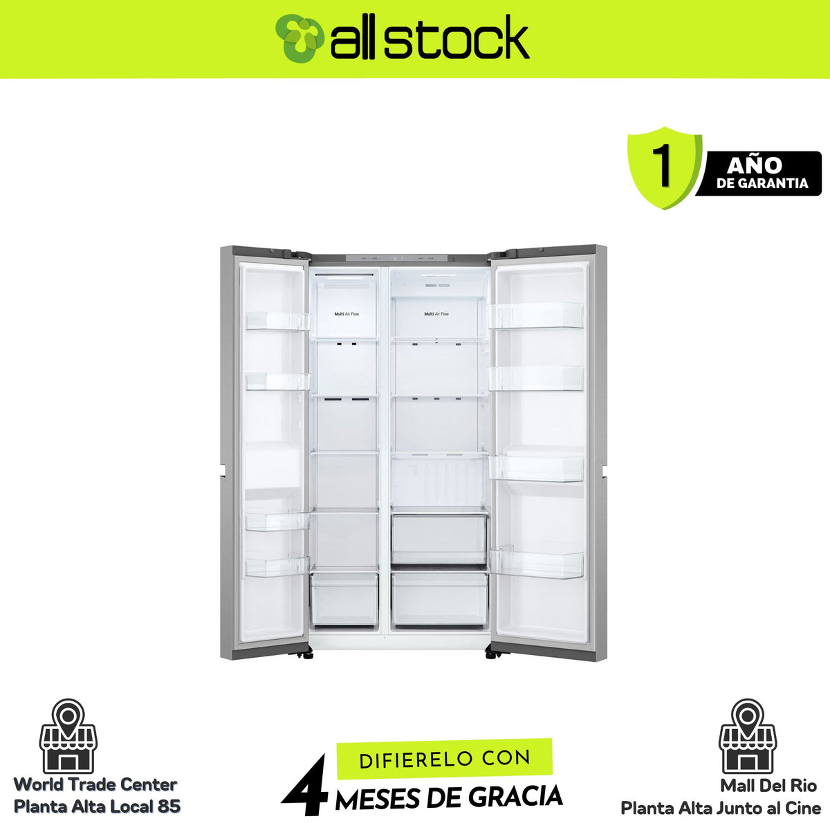 Refrigeradora LG VS25BJNK — interior completo con puertas abiertas