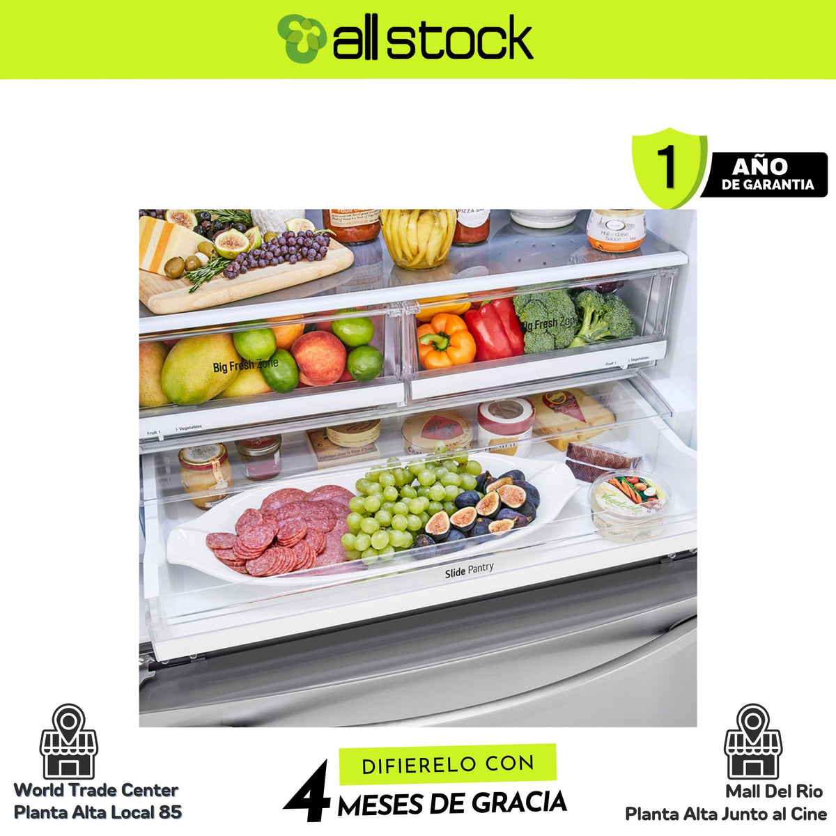 Refrigeradora LG GM78BGP — detalle de cajones y despensa
