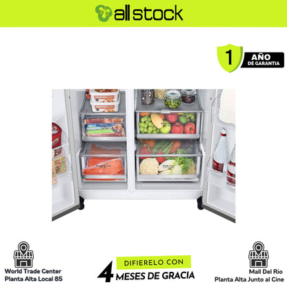 Refrigeradora LG VS25GMIW — detalle de cajones de frutas y congelados