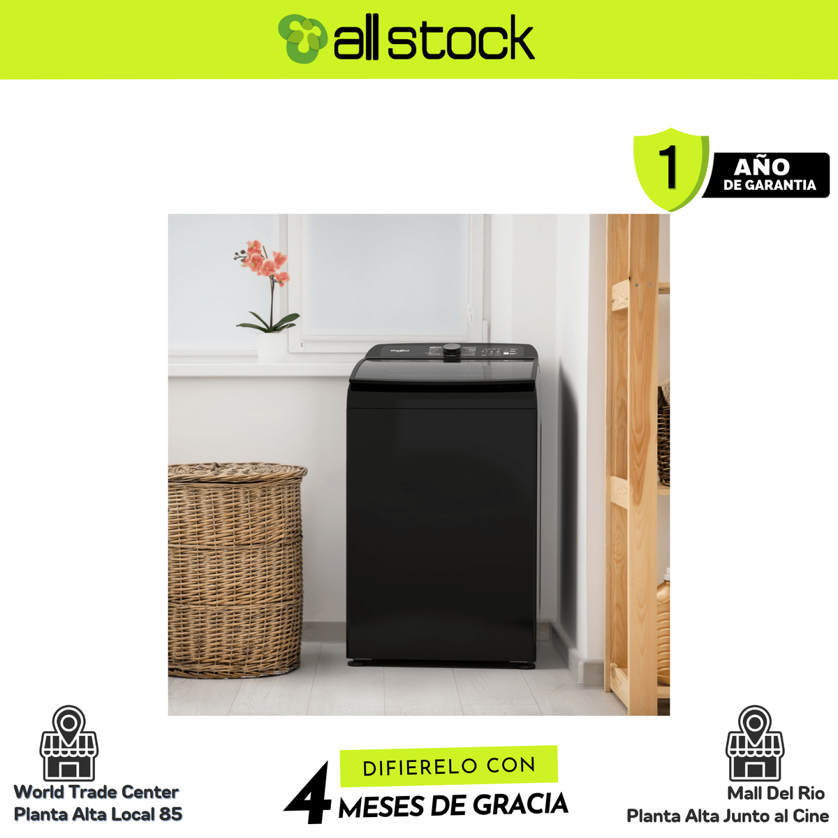 Lavadora Whirlpool WW19NNAHLA, vista frontal en ambiente