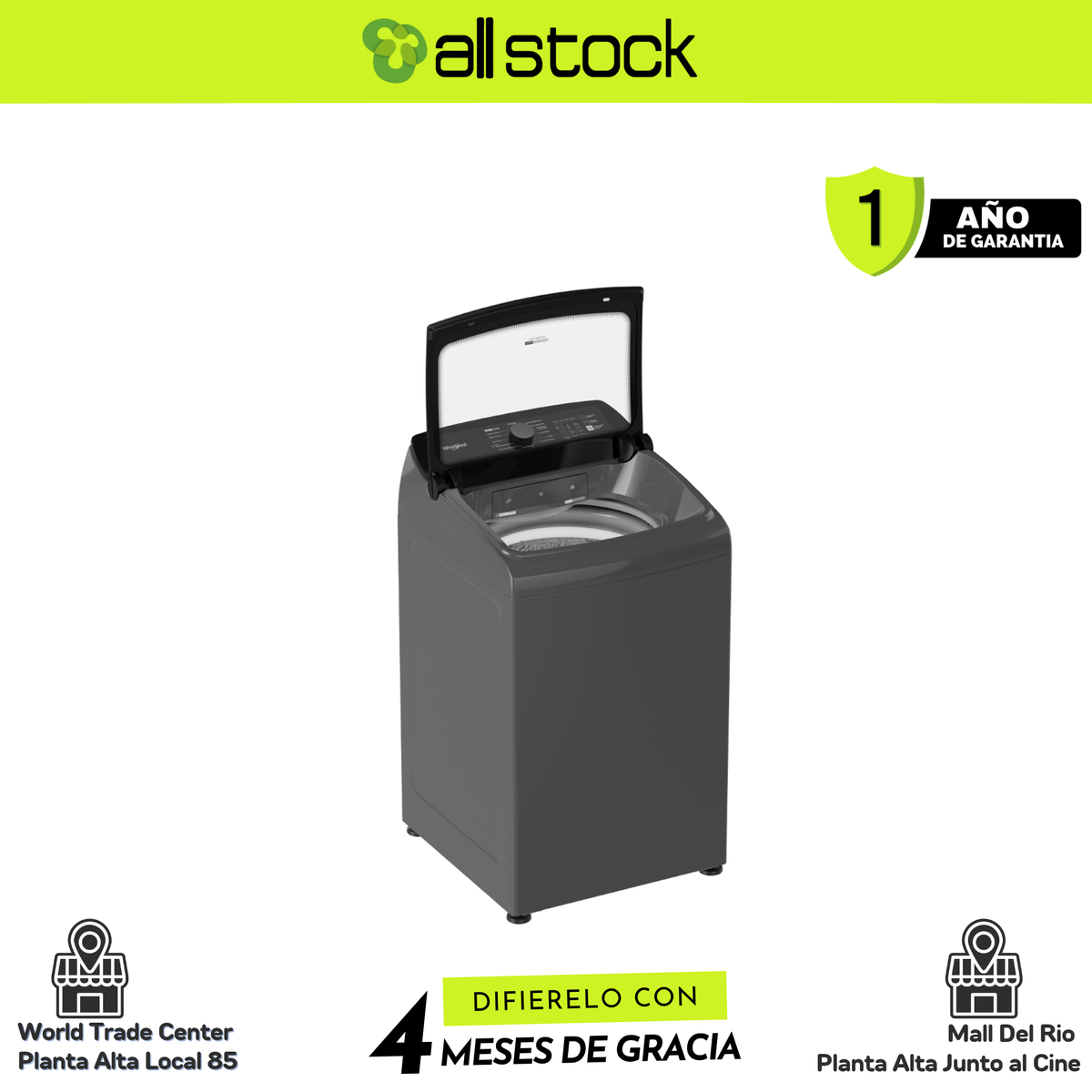 Lavadora Whirlpool WW19NTBHLA, vista lateral con tapa abierta