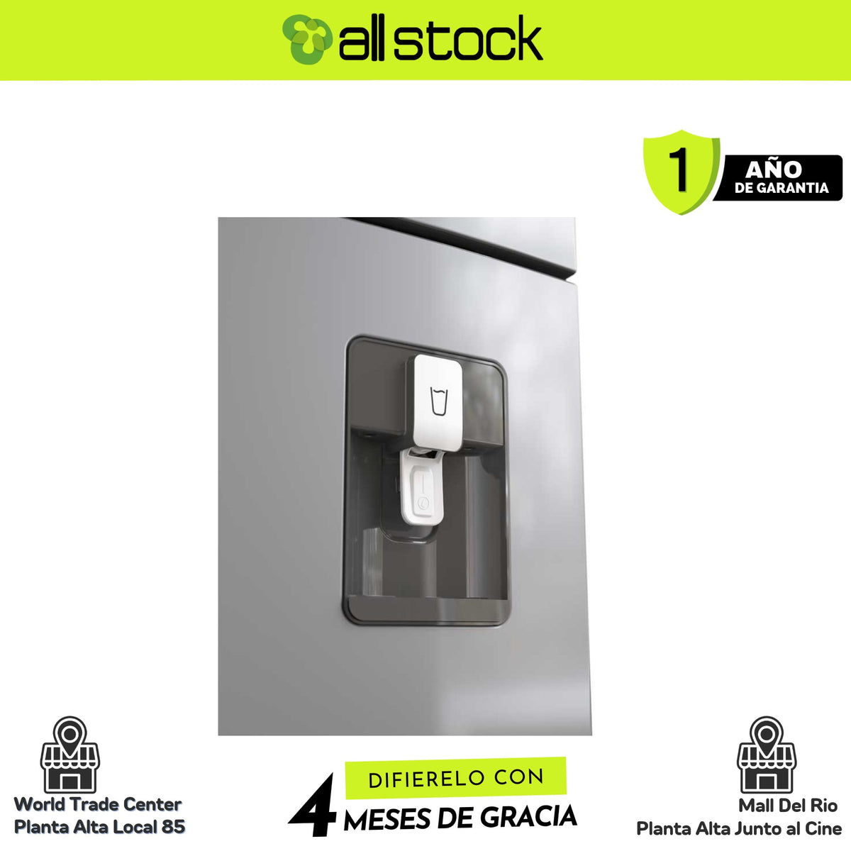 Refrigeradora Whirlpool WRW25CKTWW — detalle exterior del dispensador