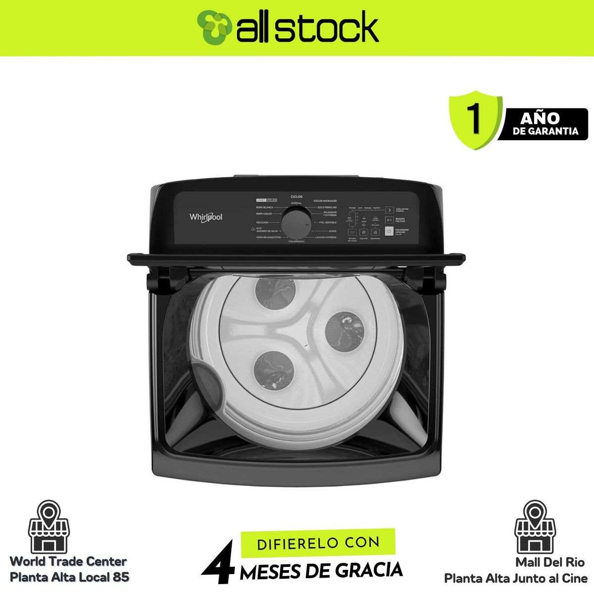 Lavadora Whirlpool WW19NNAHLA, vista superior y panel