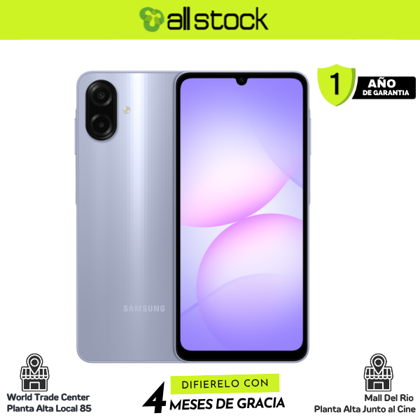 Samsung Galaxy A07 Light Violet frontal y trasera