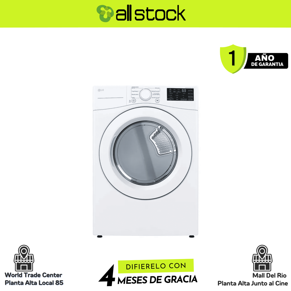 Secadora LG DT73EWTXE blanca, vista frontal; formato AllStock