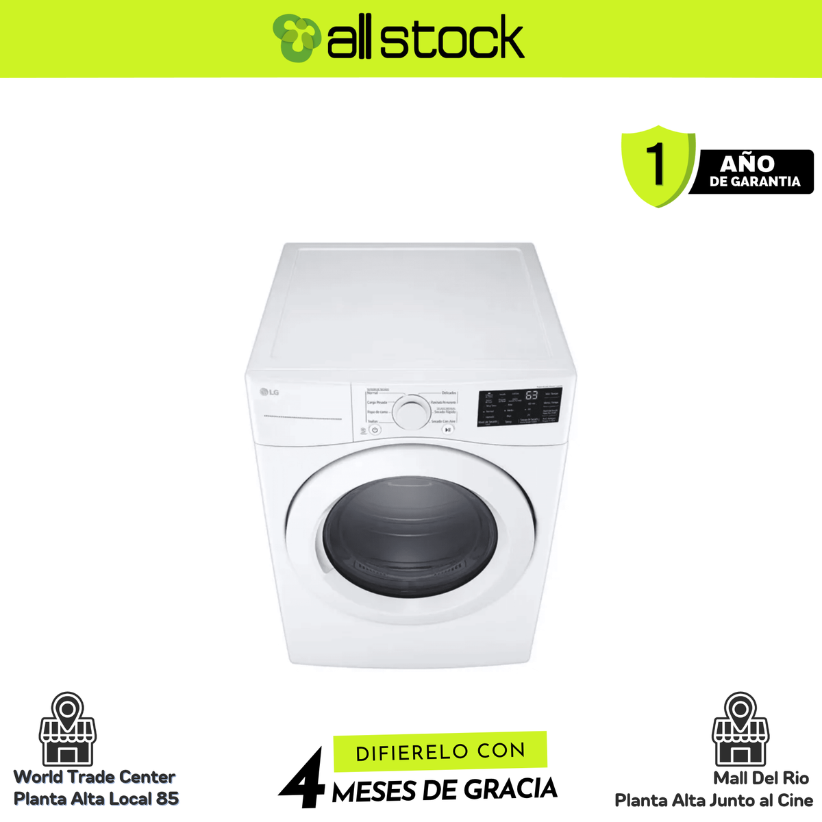 Secadora LG DT73EWTXE blanca, vista superior; formato AllStock