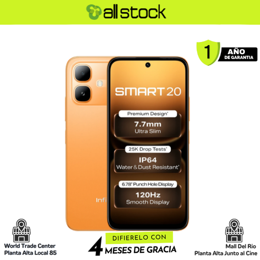 Infinix smart-20 Sunlike Orange — vista frontal y trasera